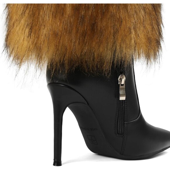 Women's Light Brown Fur Knee High Heels Wide Calf Fold Over Fashion Boots Shoes - Picture 5 of 6